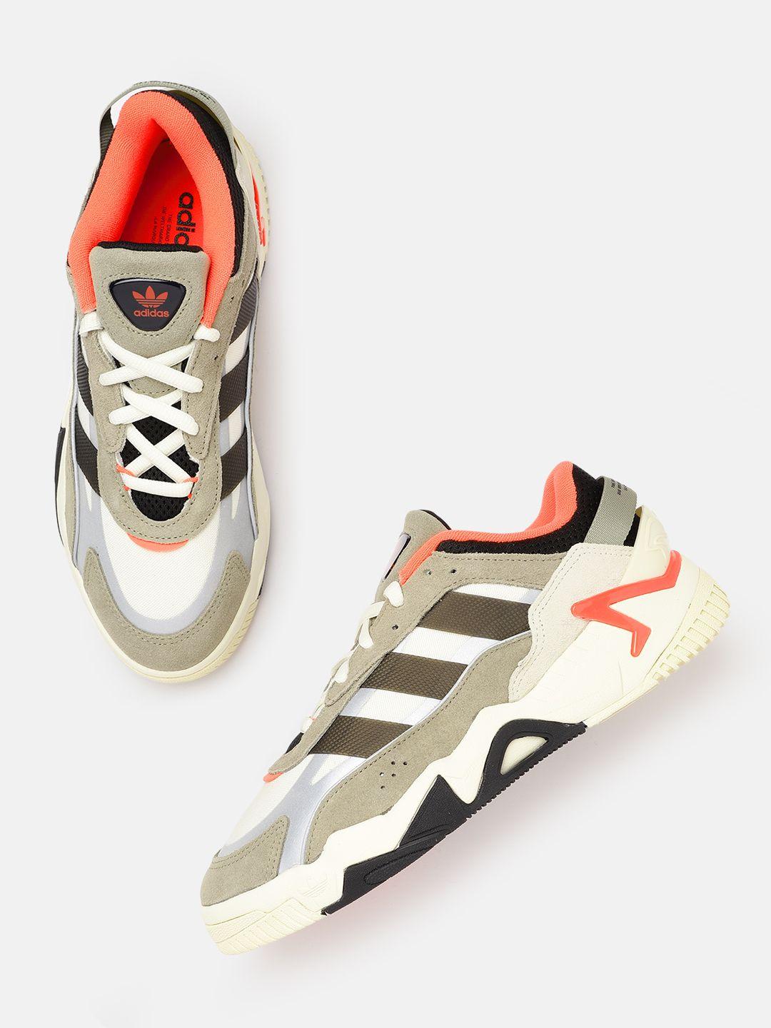 adidas originals men off white grey & olive colourblocked niteball sneakers