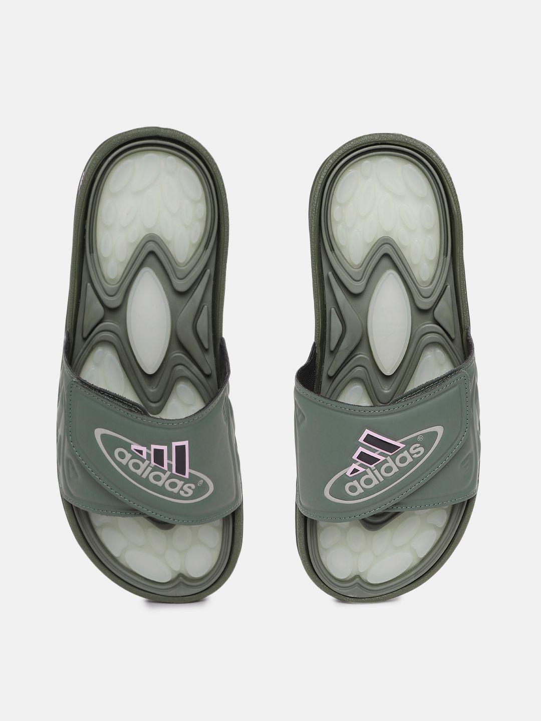 adidas originals men olive green & grey brand logo printed sliders