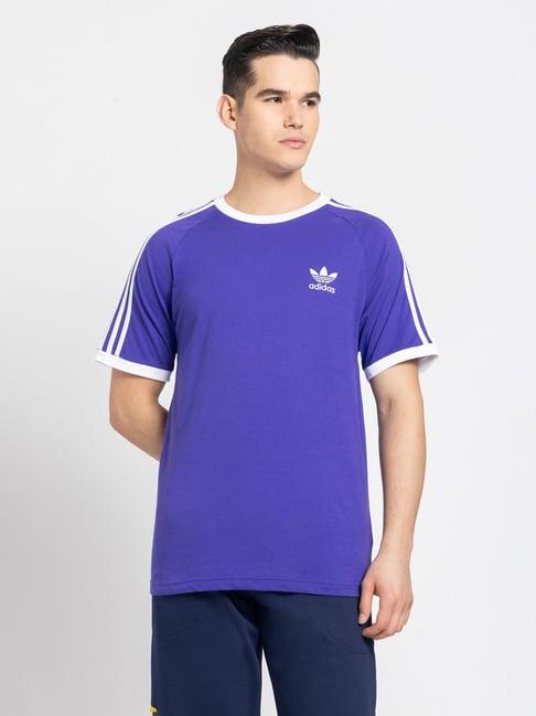 adidas originals purple regular fit 3 striped cotton t-shirt