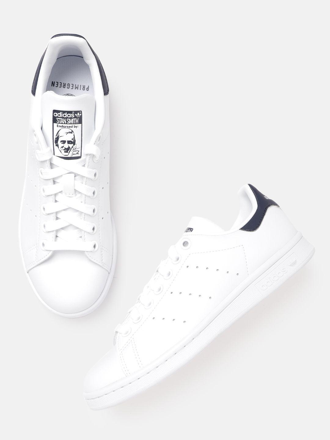 adidas originals unisex white & navy blue stan smith sustainable sneakers with perforations