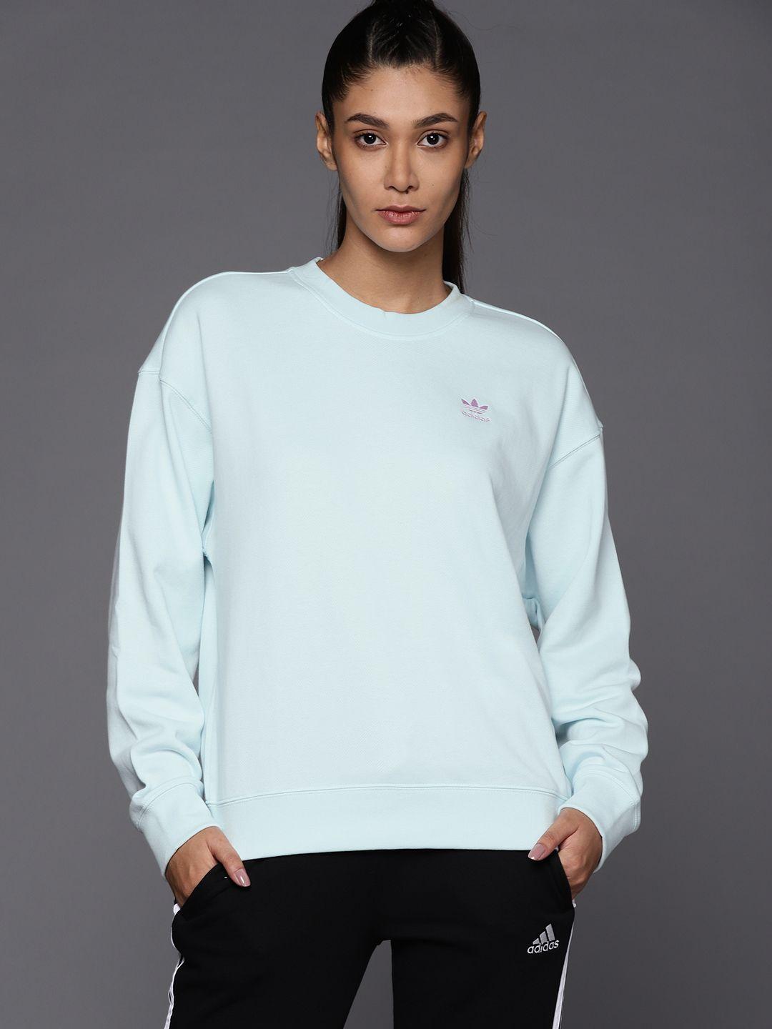 adidas originals women blue graphic pure cotton brand logo printed sweatshirt