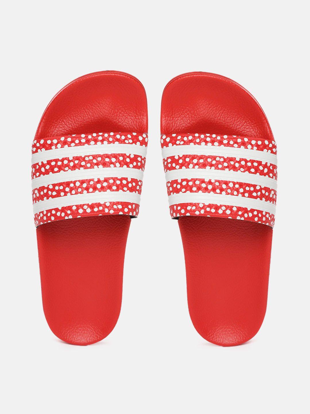 adidas originals women red & white striped & ditsy dots print sliders