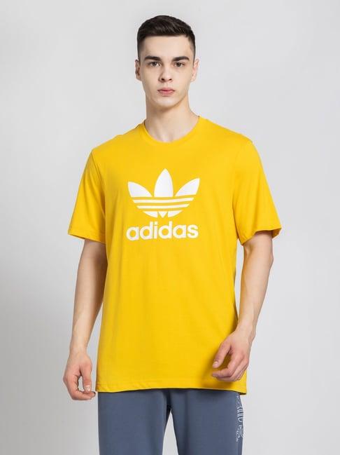 adidas originals yellow regular fit cotton trefoil crew t-shirt