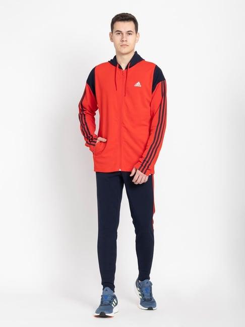 adidas red & black cotton regular fit striped tracksuit