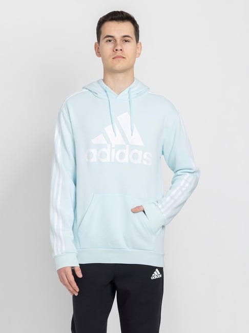 adidas sky blue regular fit full sleeves striped hooded sweatshirt