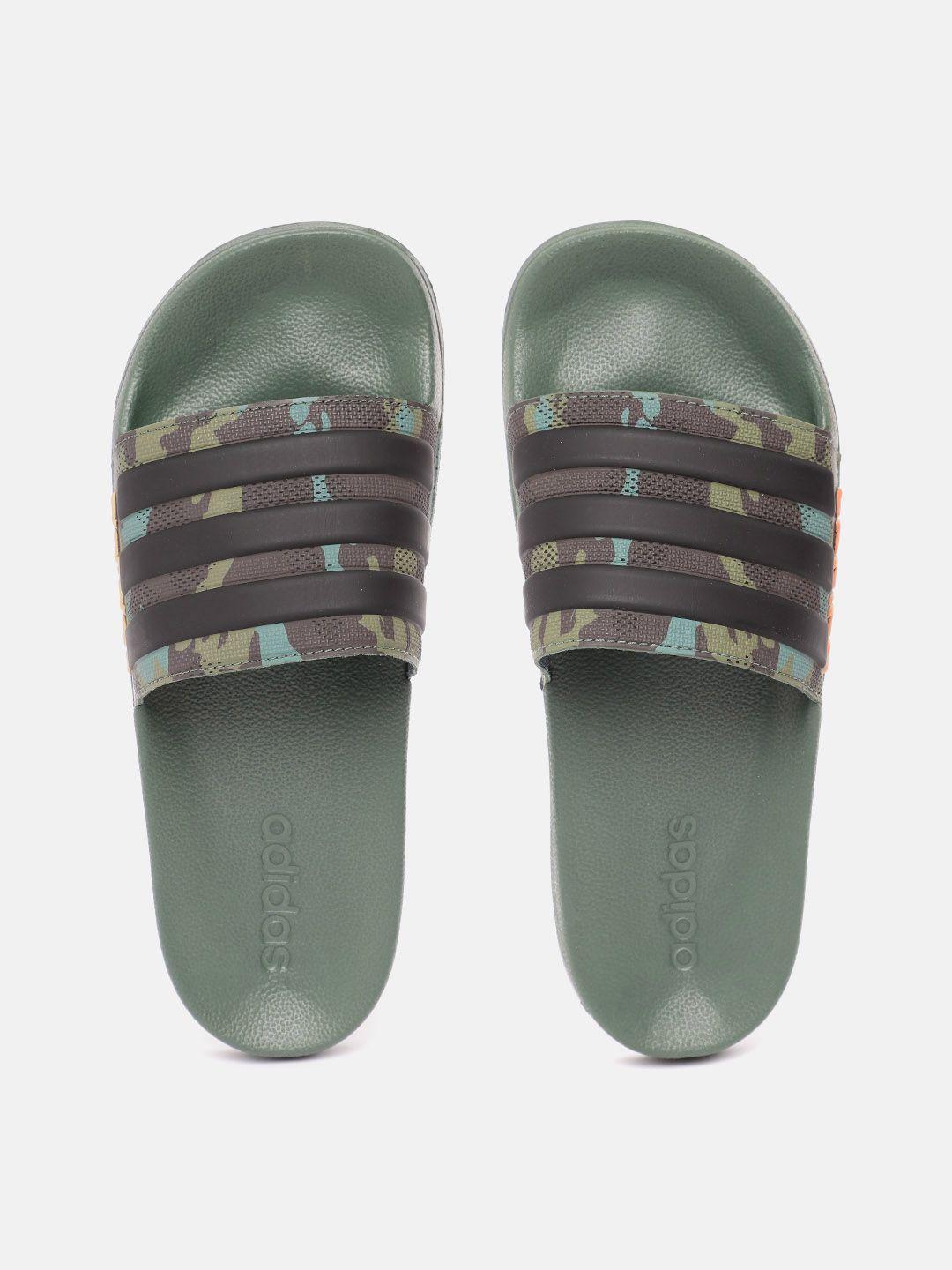 adidas unisex camouflage printed sliders with striped detail