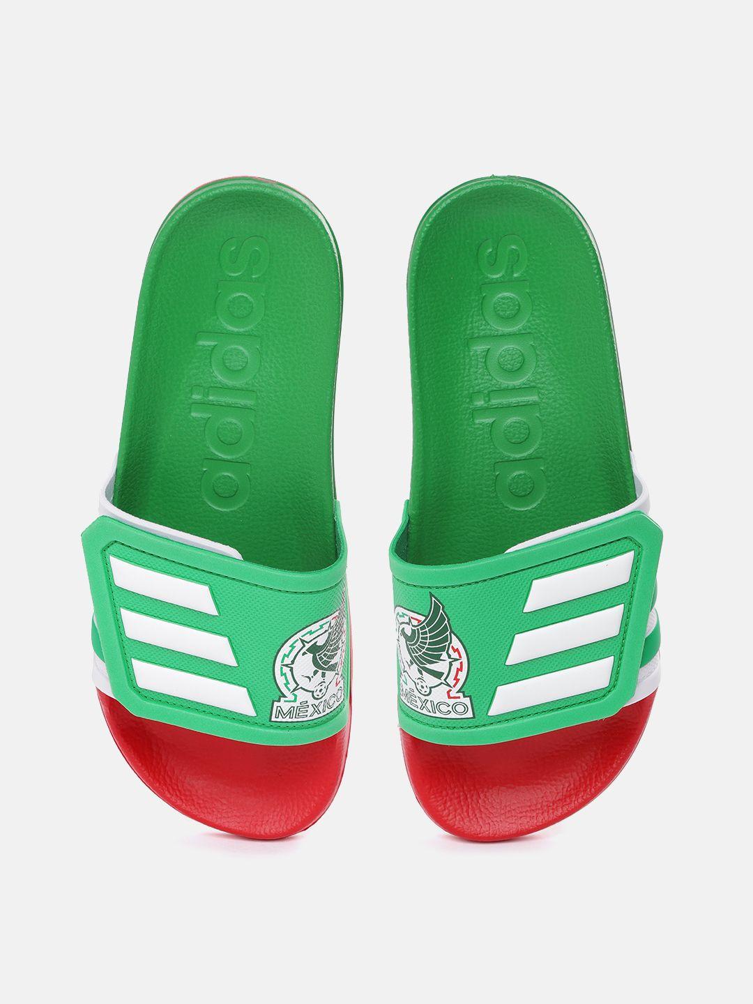 adidas unisex green & white adilette tnd adj striped sliders