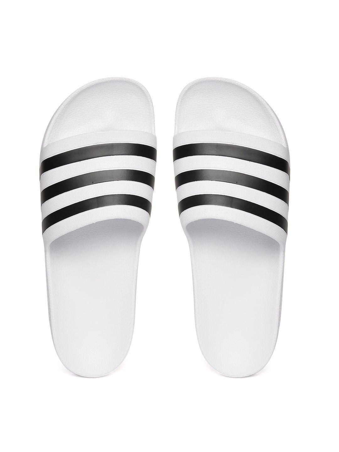 adidas unisex white & black adilette aqua striped sliders