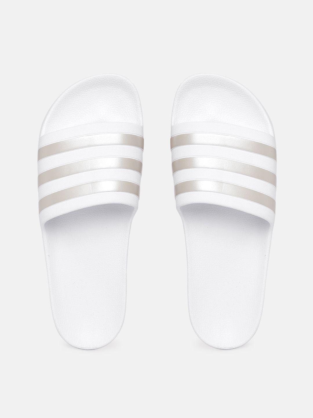 adidas unisex white & grey striped sliders