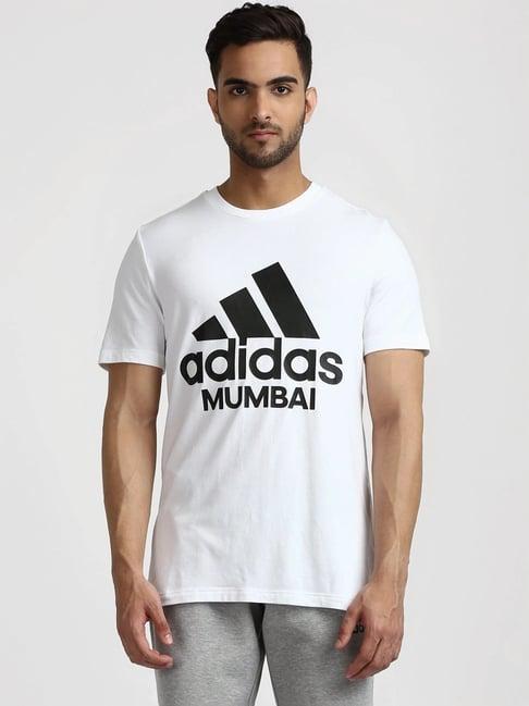 adidas white cotton regular fit logo printed t-shirt