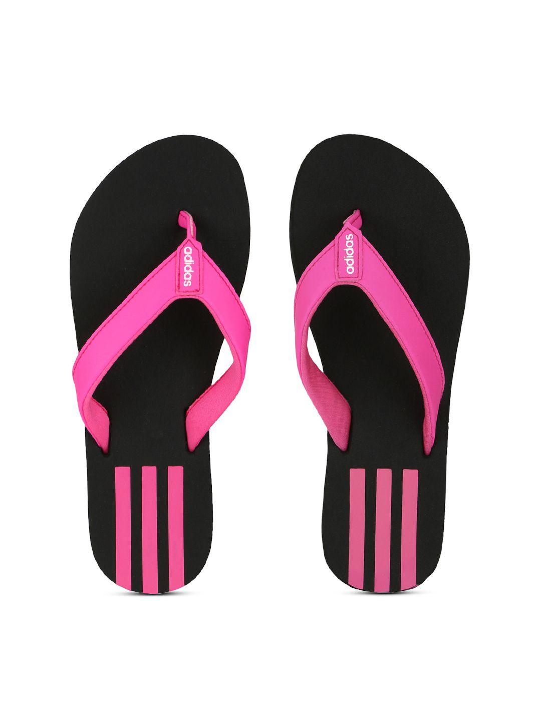 adidas women black & pink striped thong flip-flops