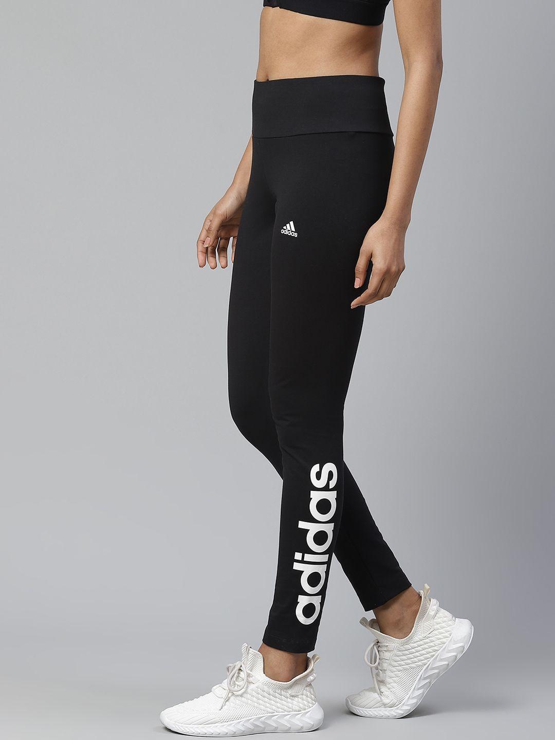 adidas women black & white printed detail loungewear essentials high-waisted logo sustainable tights