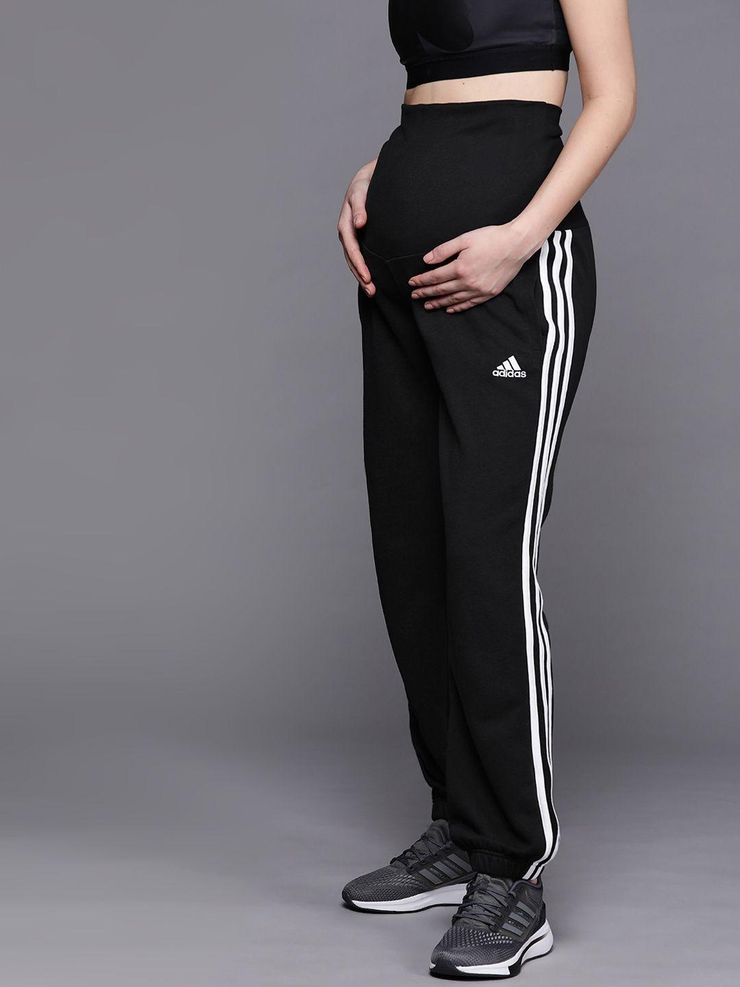 adidas women black solid essentials maternity sustainable track pants with 3-stripes detail