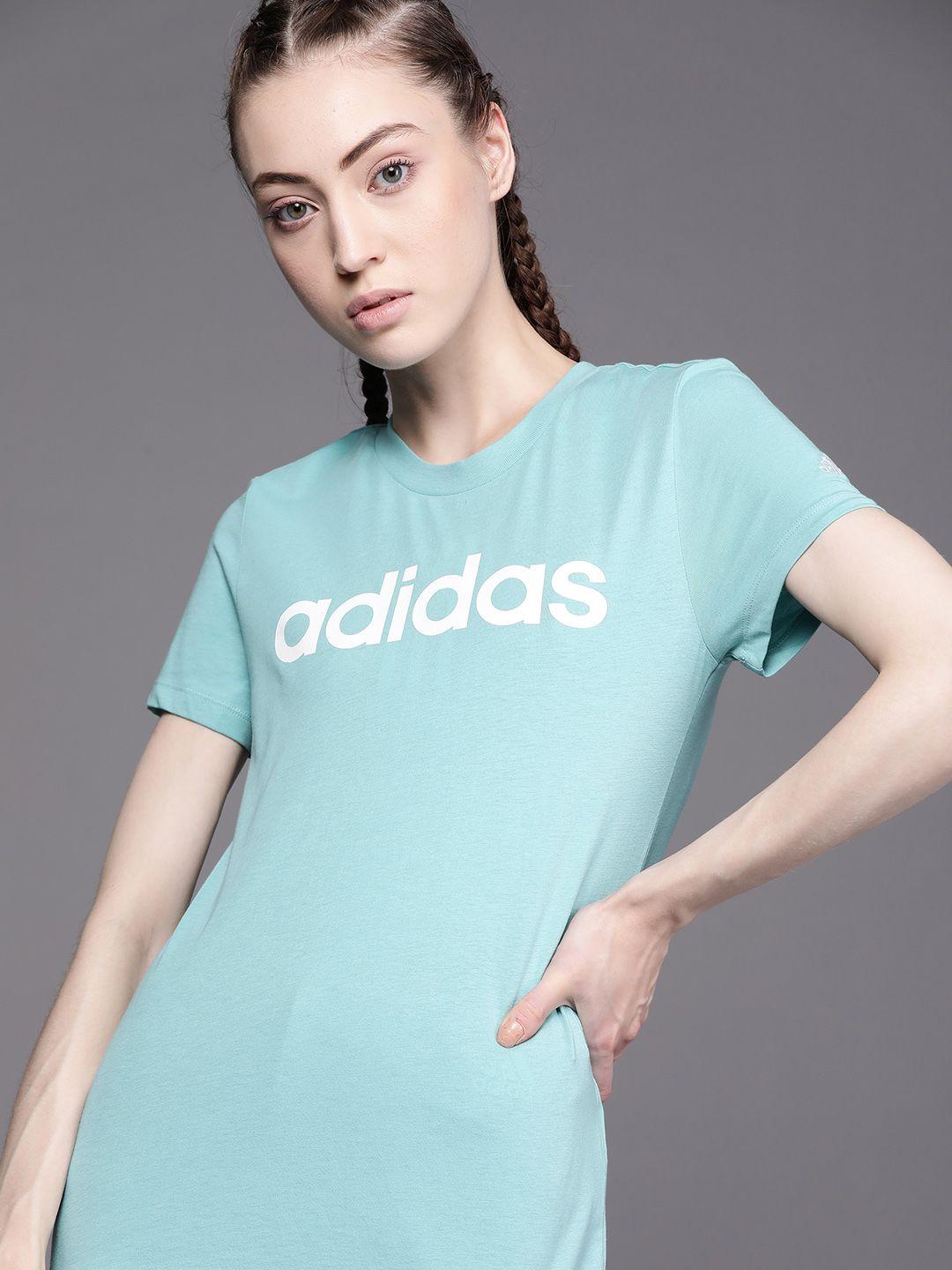 adidas women blue brand logo printed loungewear essentials slim logo t-shirt