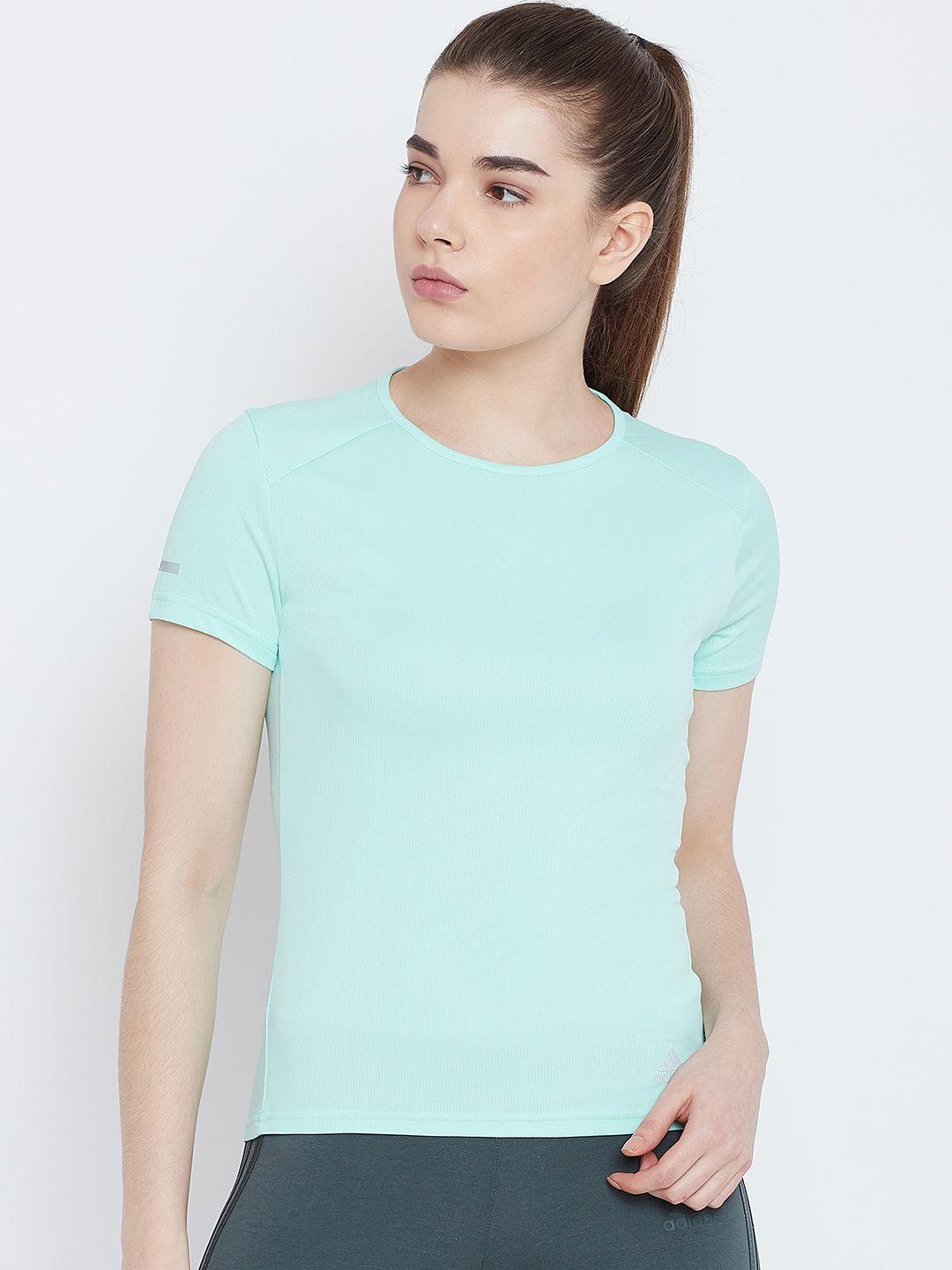 adidas women blue solid run tee w round neck t-shirt