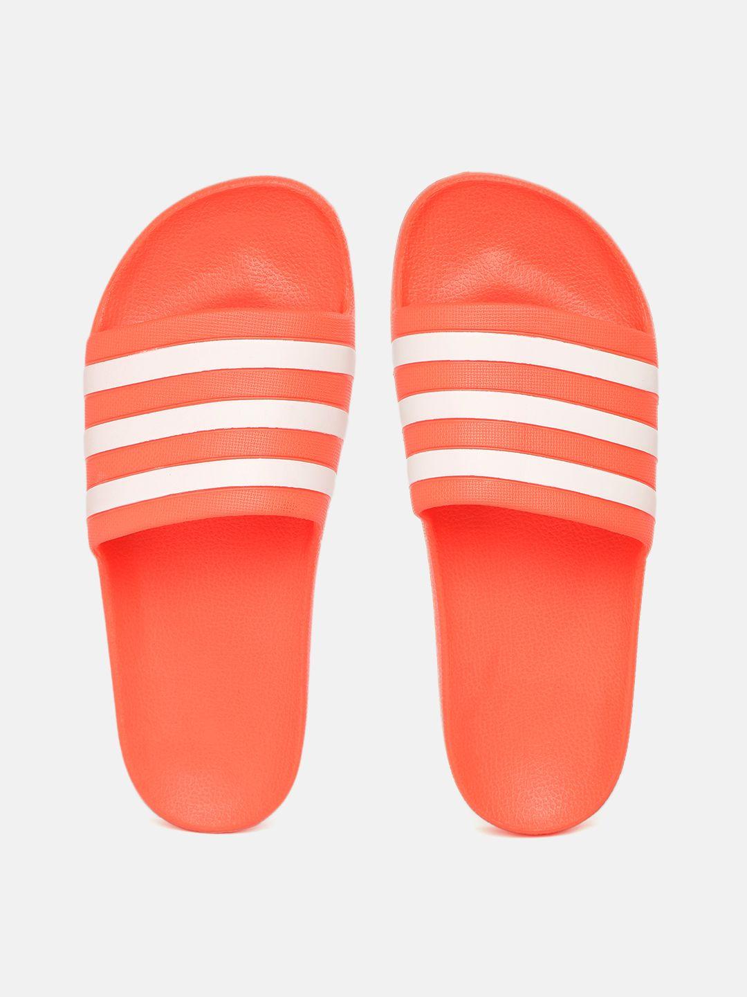 adidas women coral orange & white adilette aqua striped sliders