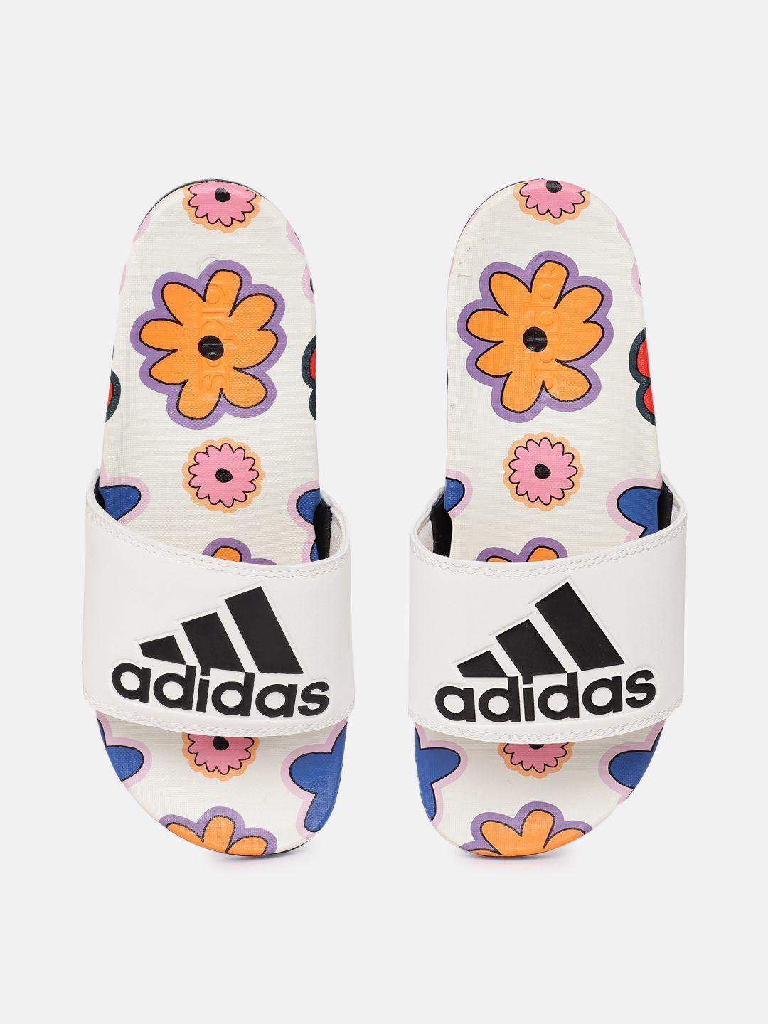 adidas women floral printed sliders with brand logo detail