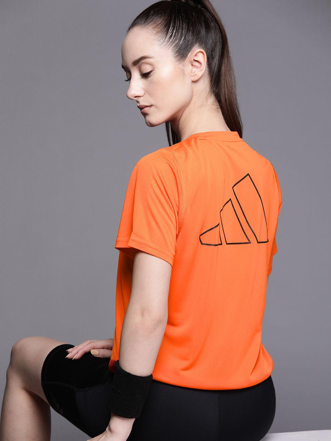 adidas women orange run icon 3 bar printed t-shirt