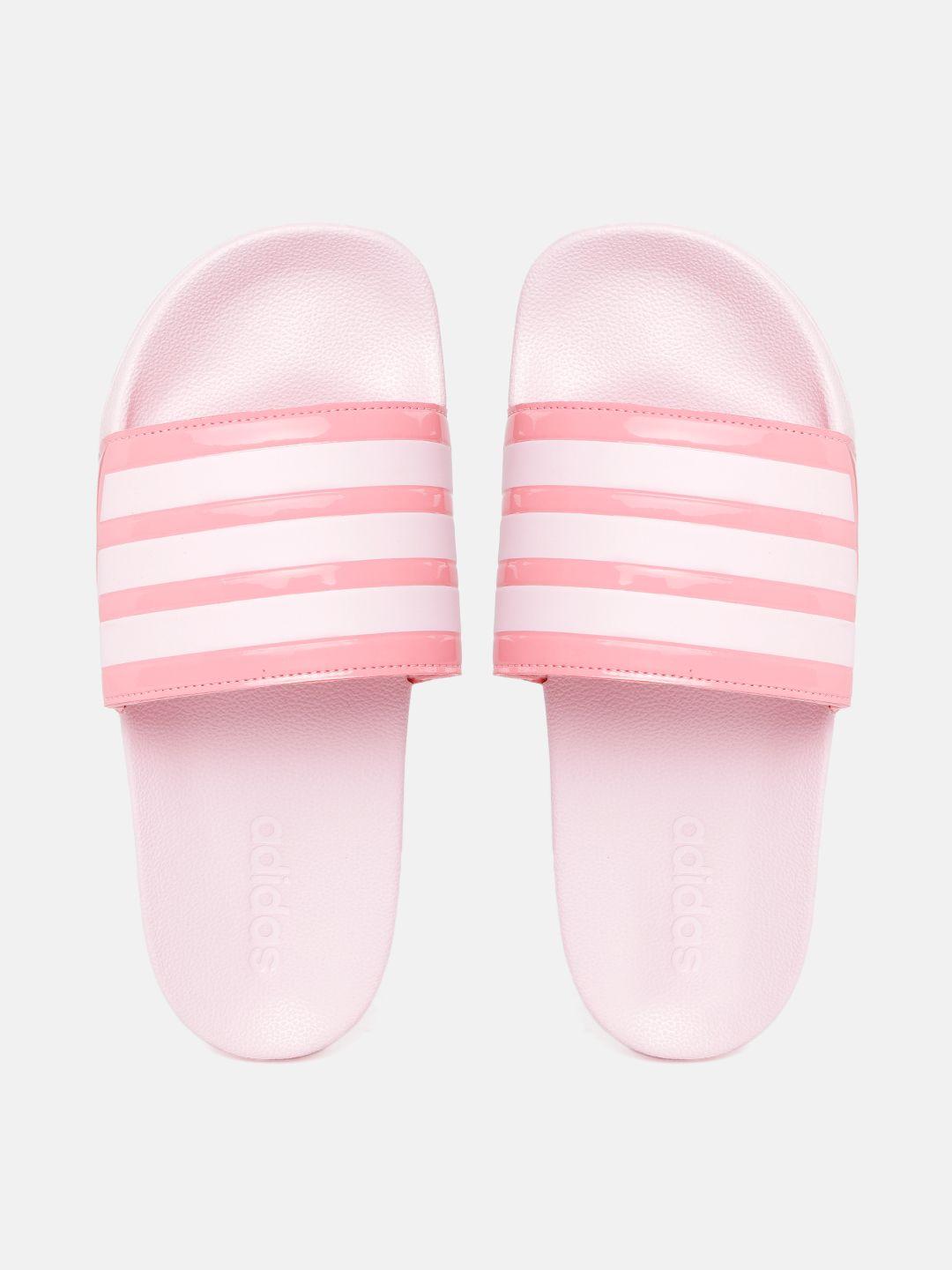 adidas women pink striped sliders