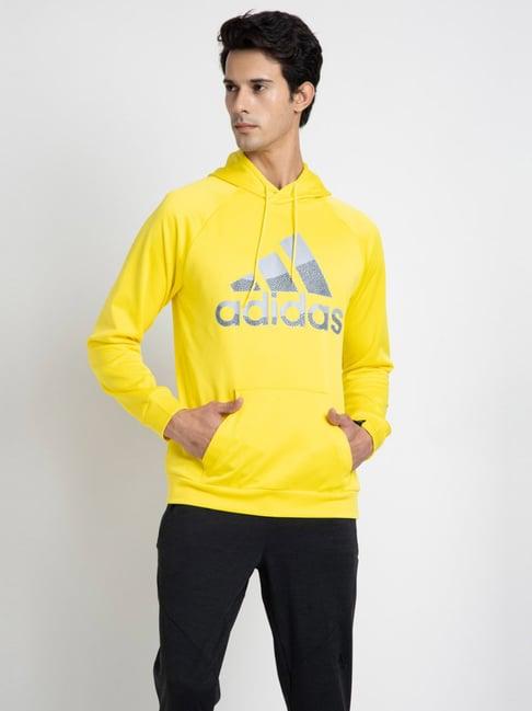 adidas yellow regular fit printed hooded sweatshirt