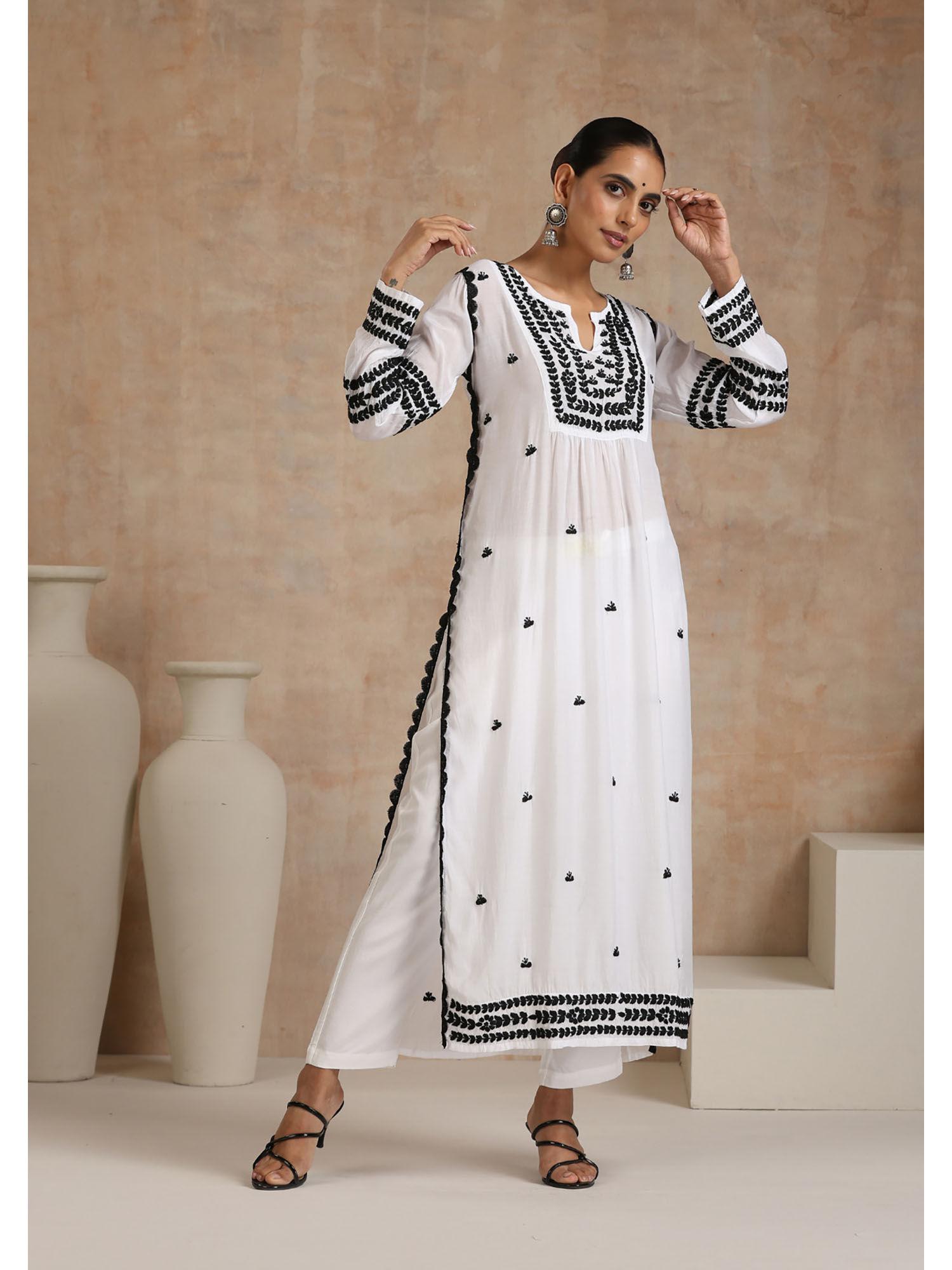 adila chikankari muslin straight white kurta