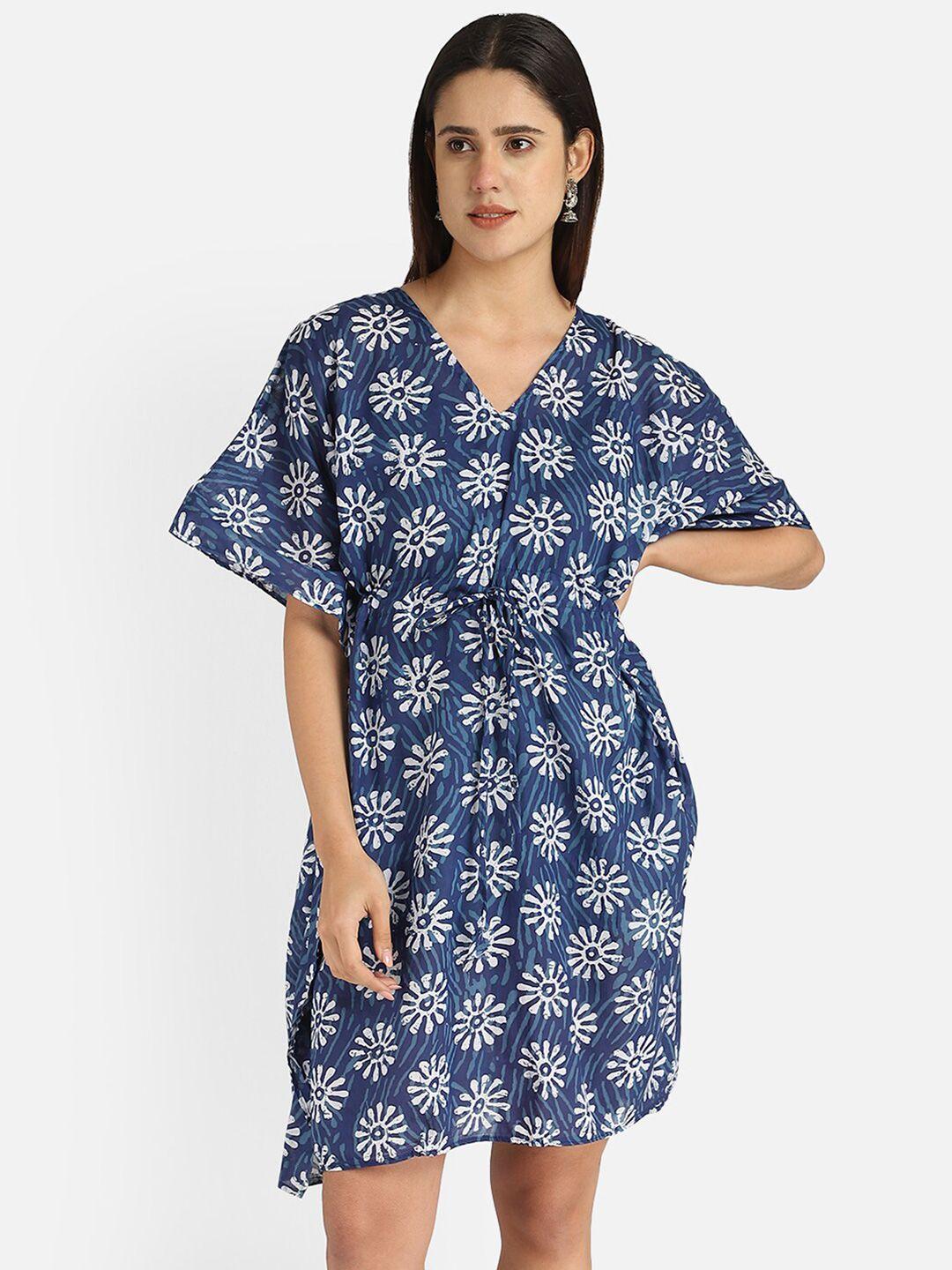 aditi wasan blue & white floral cotton kaftan dress