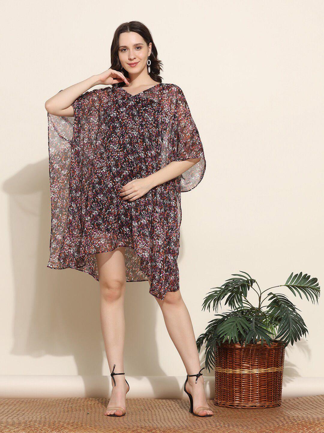 aditi wasan floral printed v-neck flared sleeve semi sheer kaftan dress