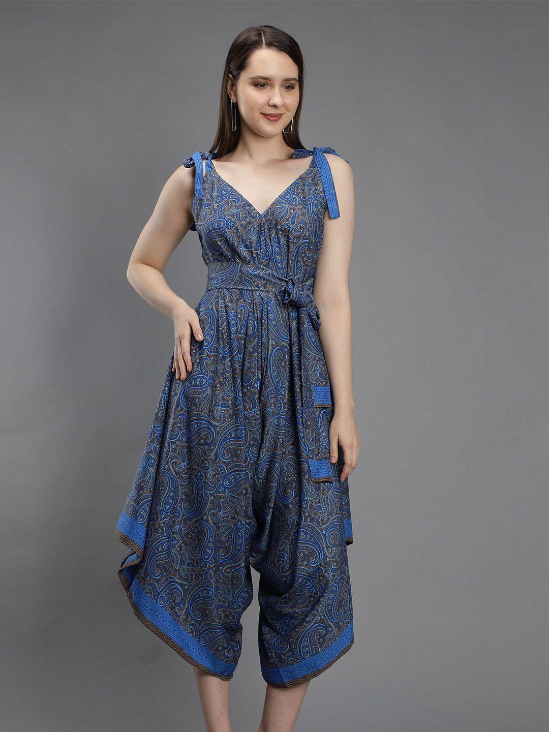 aditi wasan blue & brown paisley printed basic jumpsuit