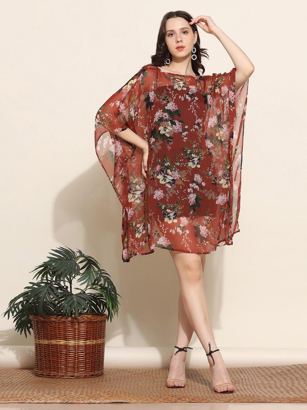 aditi wasan floral printed kimono sleeves semi sheer chiffon kaftan dress