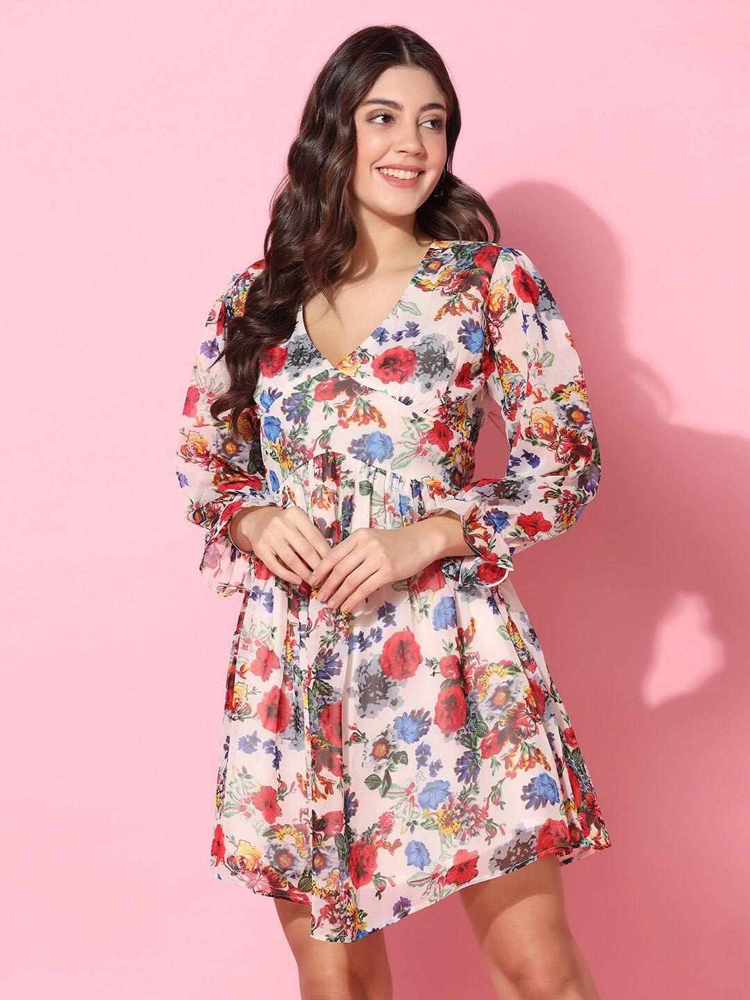 aditi wasan floral printed v-neck puff sleeve fit & flare dress