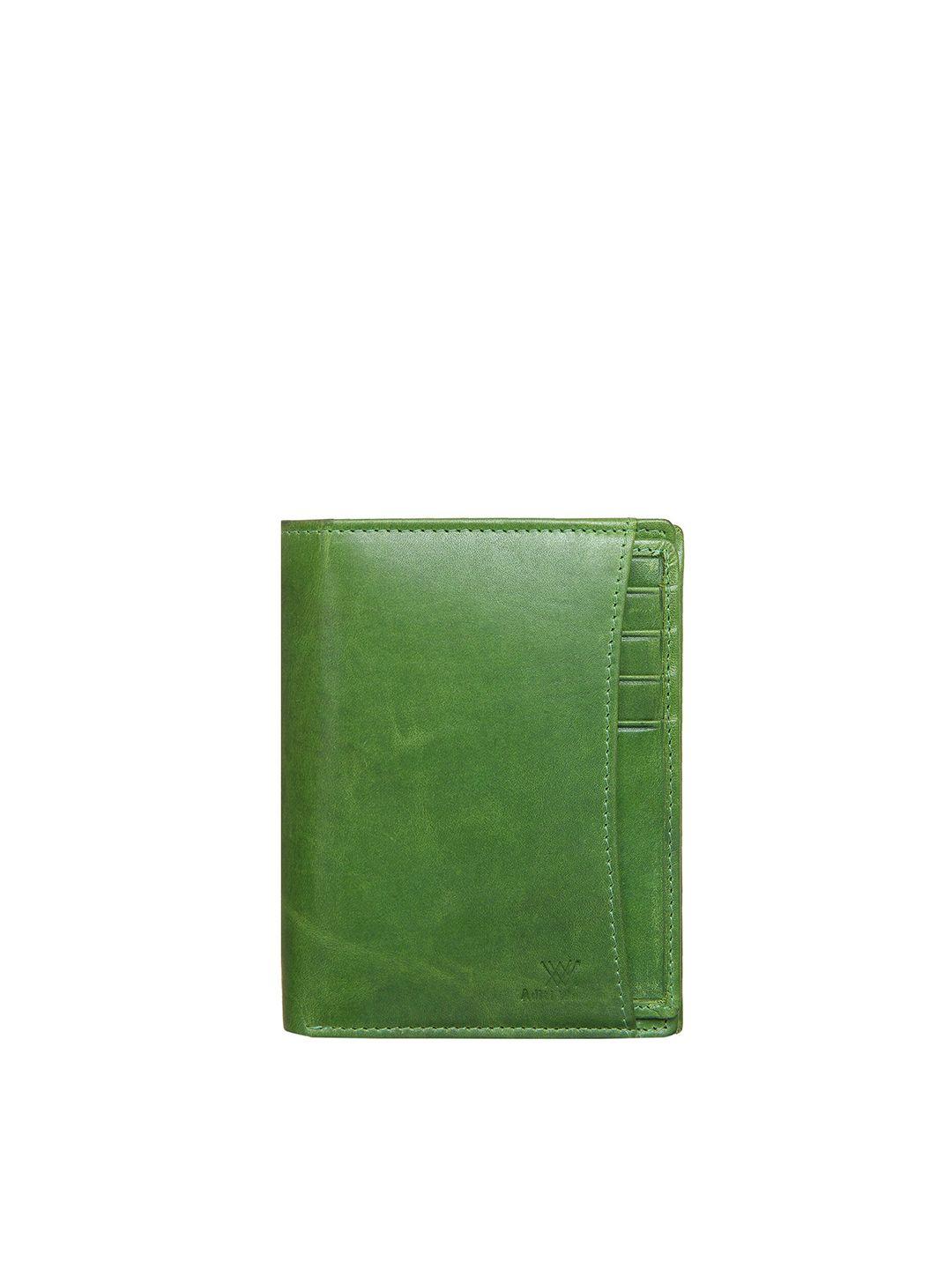 aditi wasan green solid leather two fold wallet