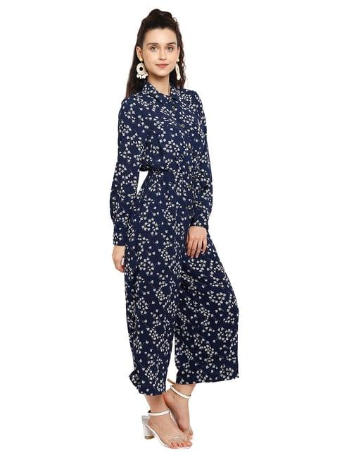 aditi wasan navy shirt collar printed jumpsuit