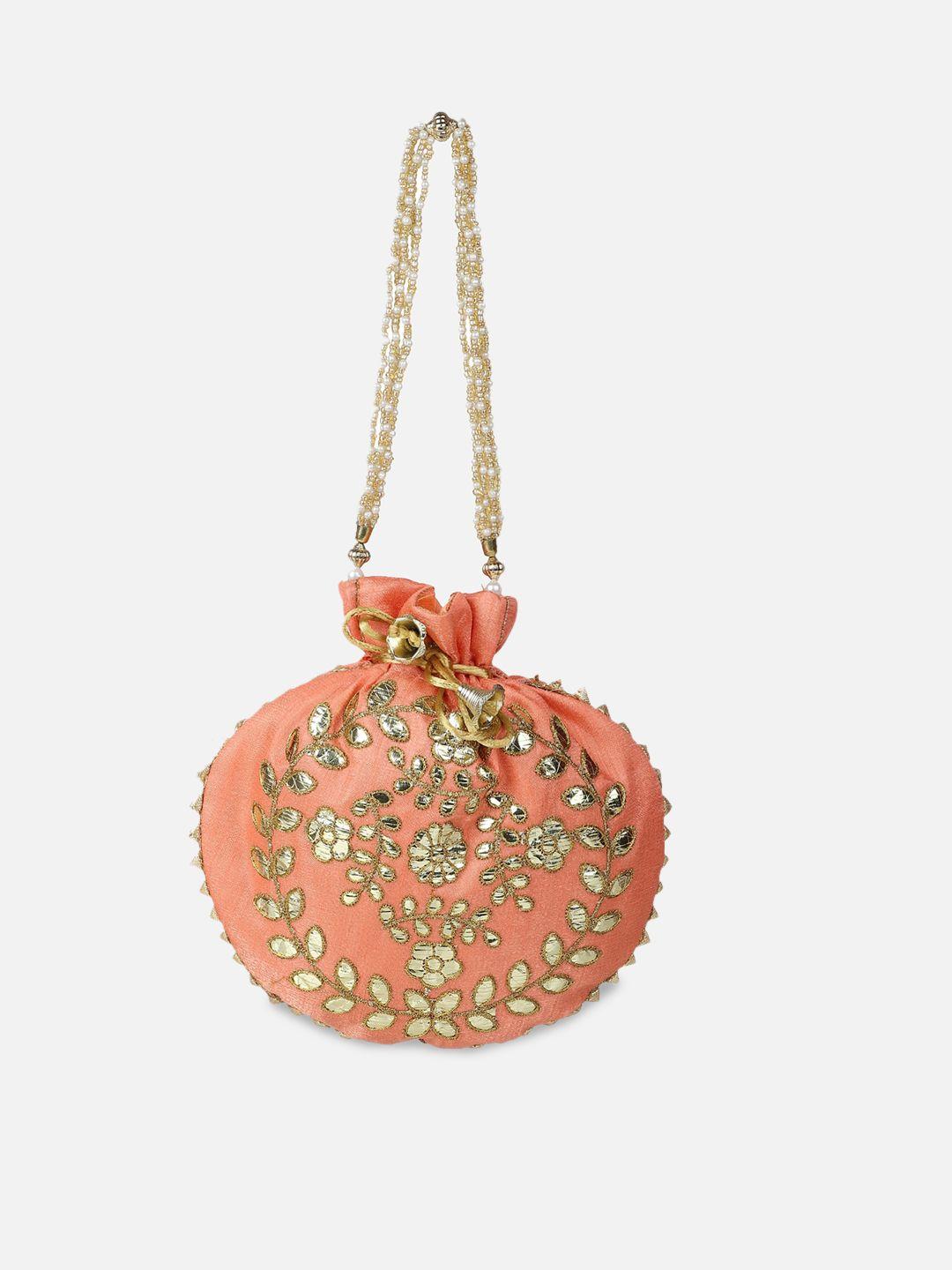 aditi wasan peach-coloured & gold-toned embroidered potli clutch