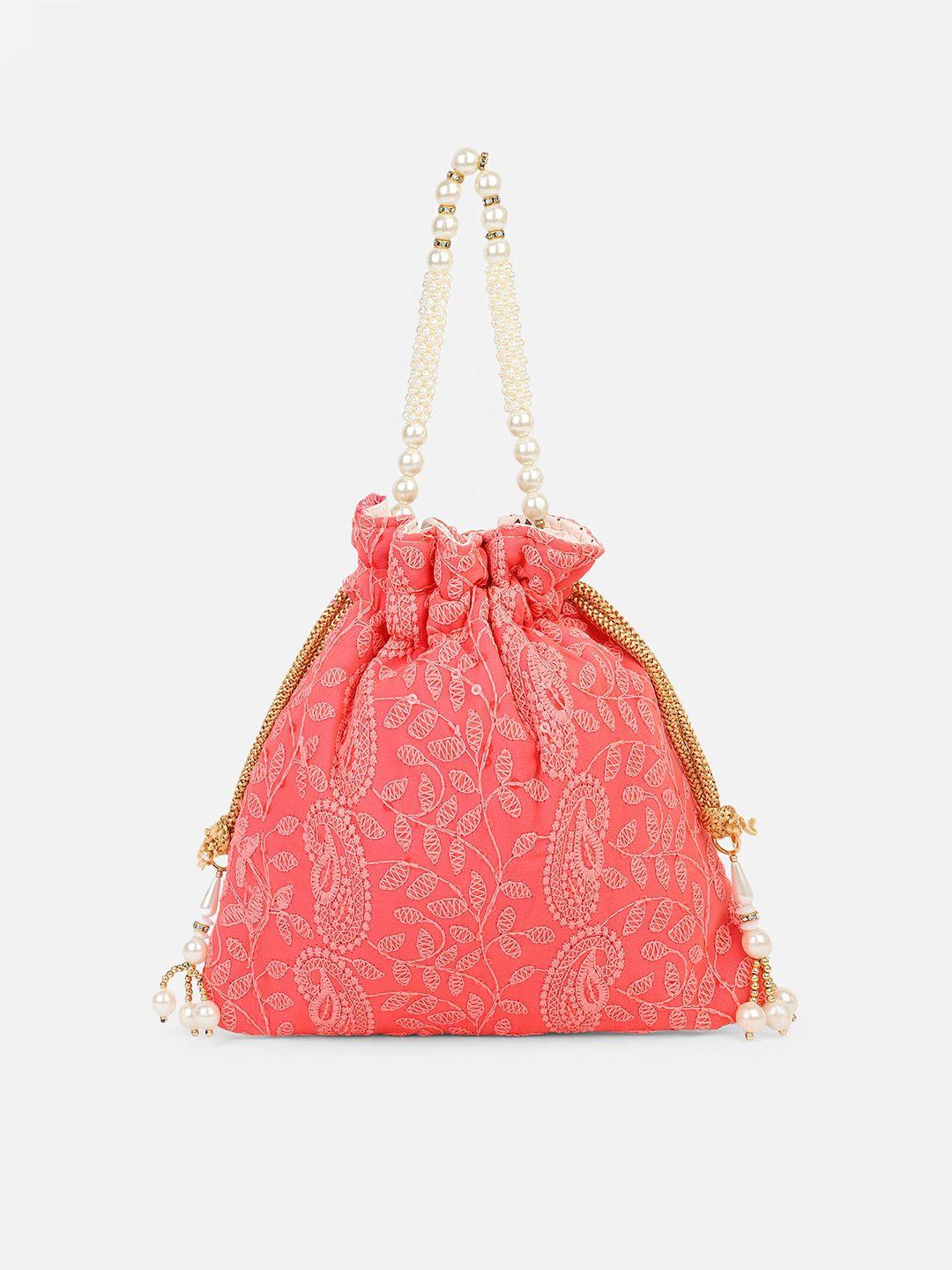 aditi wasan peach-coloured & white embroidered potli clutch