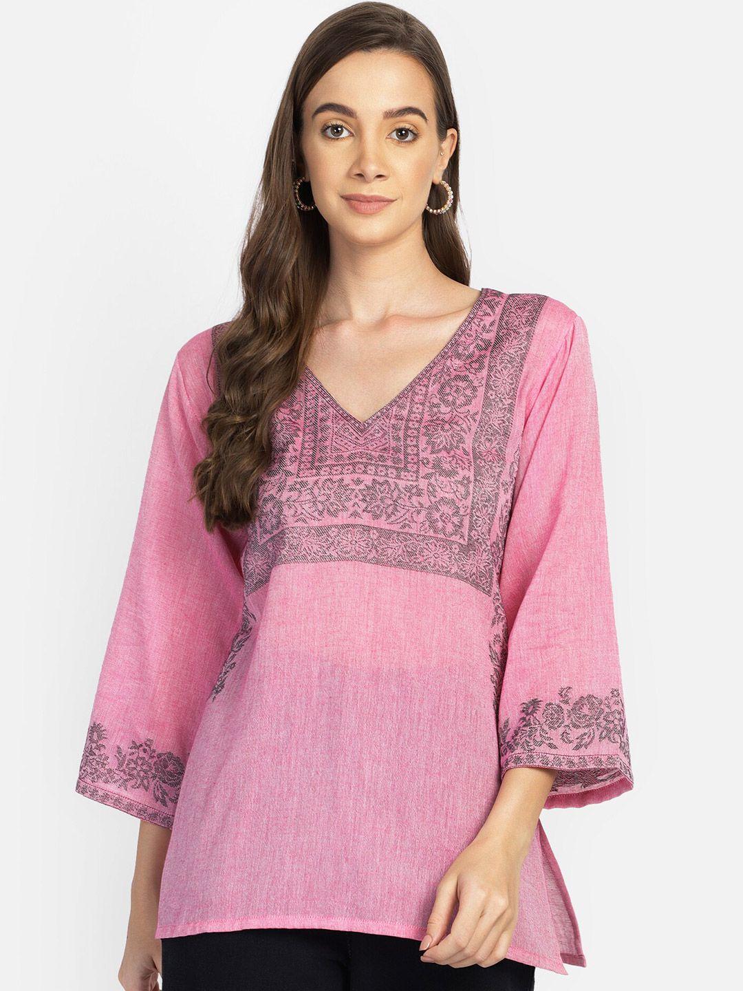aditi wasan pink & grey ethnic motifs woven design v-neck pure cotton empire kurti
