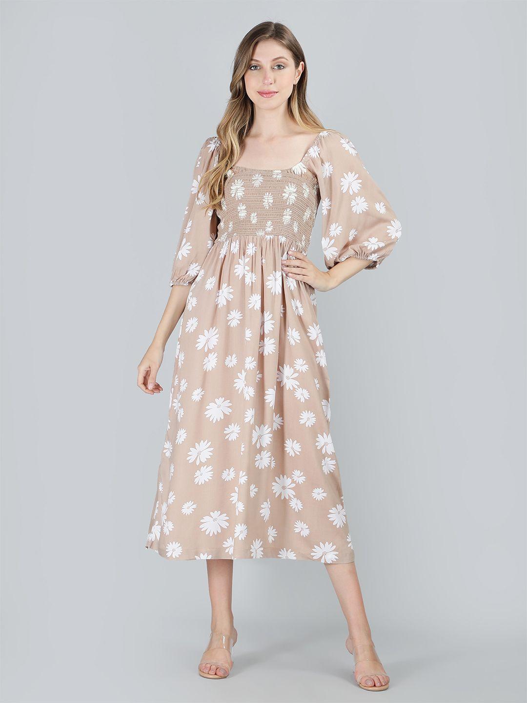 aditi wasan puff sleeves smocked floral printed midi dress