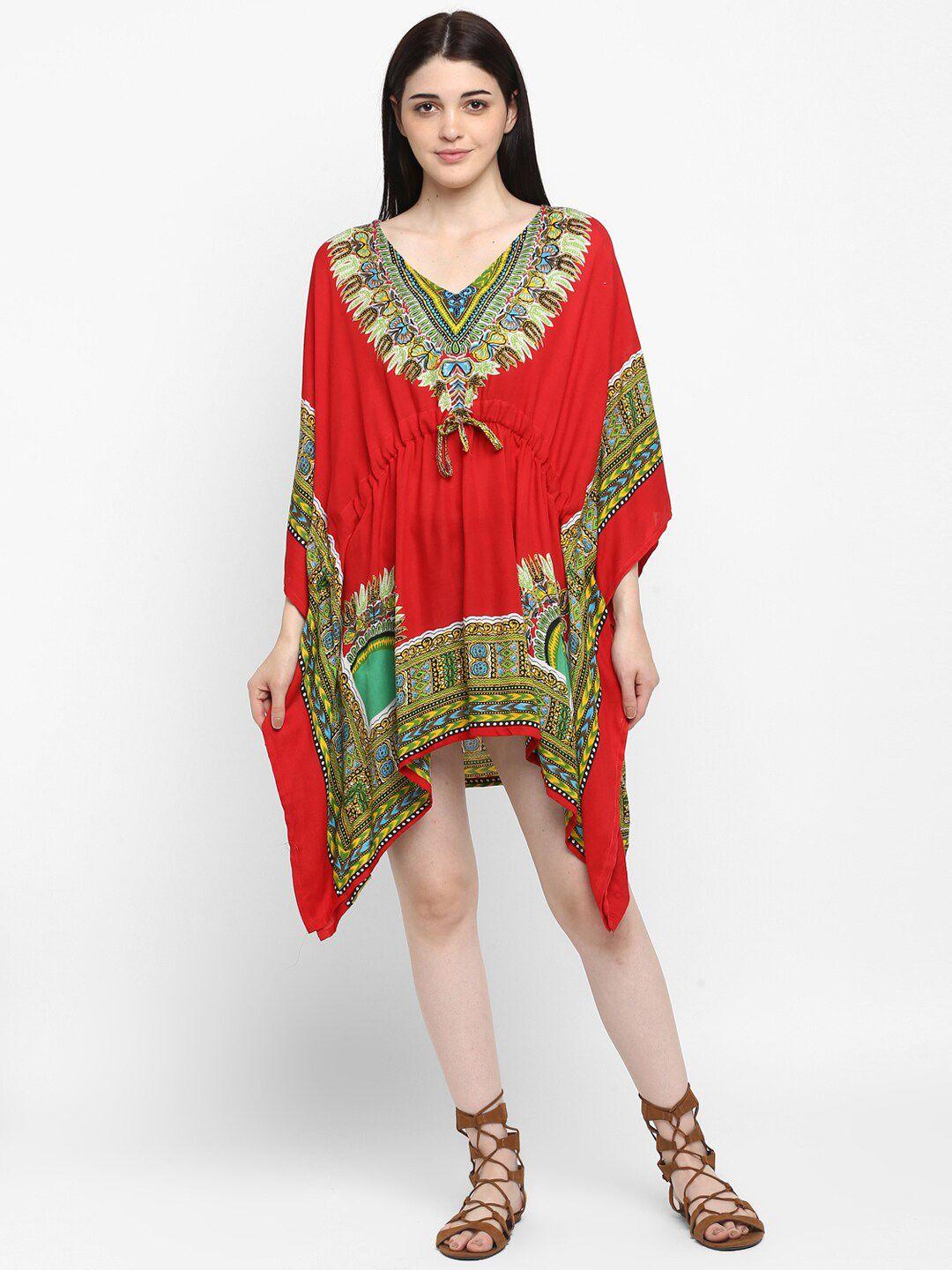 aditi wasan red & green ethnic motifs chiffon kaftan dress