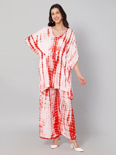 aditi wasan red & white tie - dye kaftan with palazzo