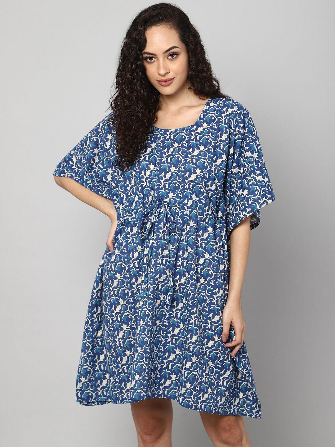 aditi wasan women blue & white floral kaftan cotton  dress