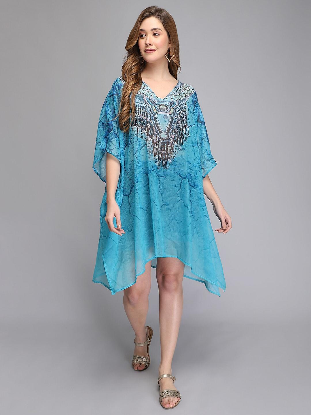 aditi wasan women blue floral chiffon kaftan dress