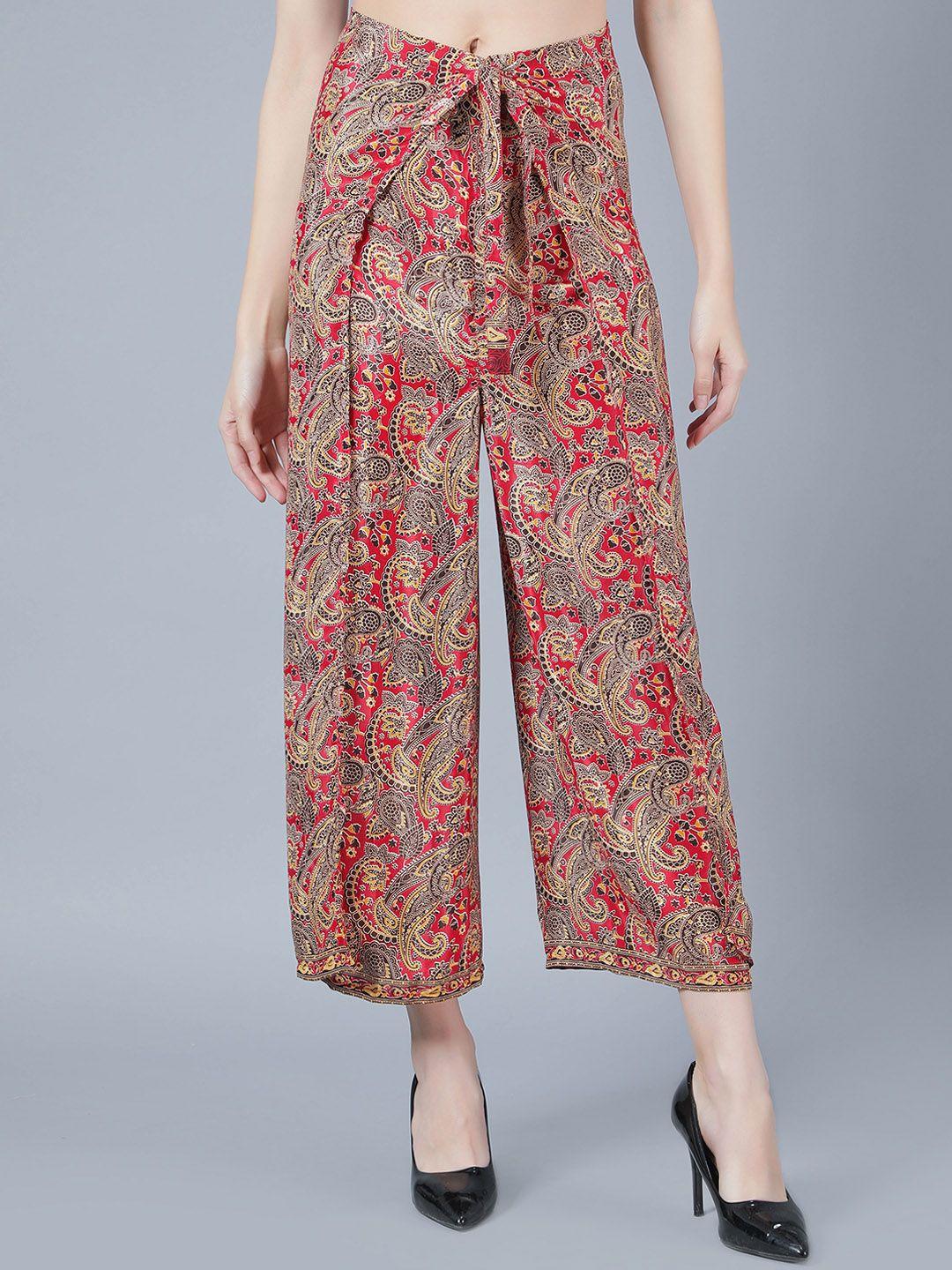 aditi wasan women floral printed mid-rise relaxed flared tie warp parallel trousers