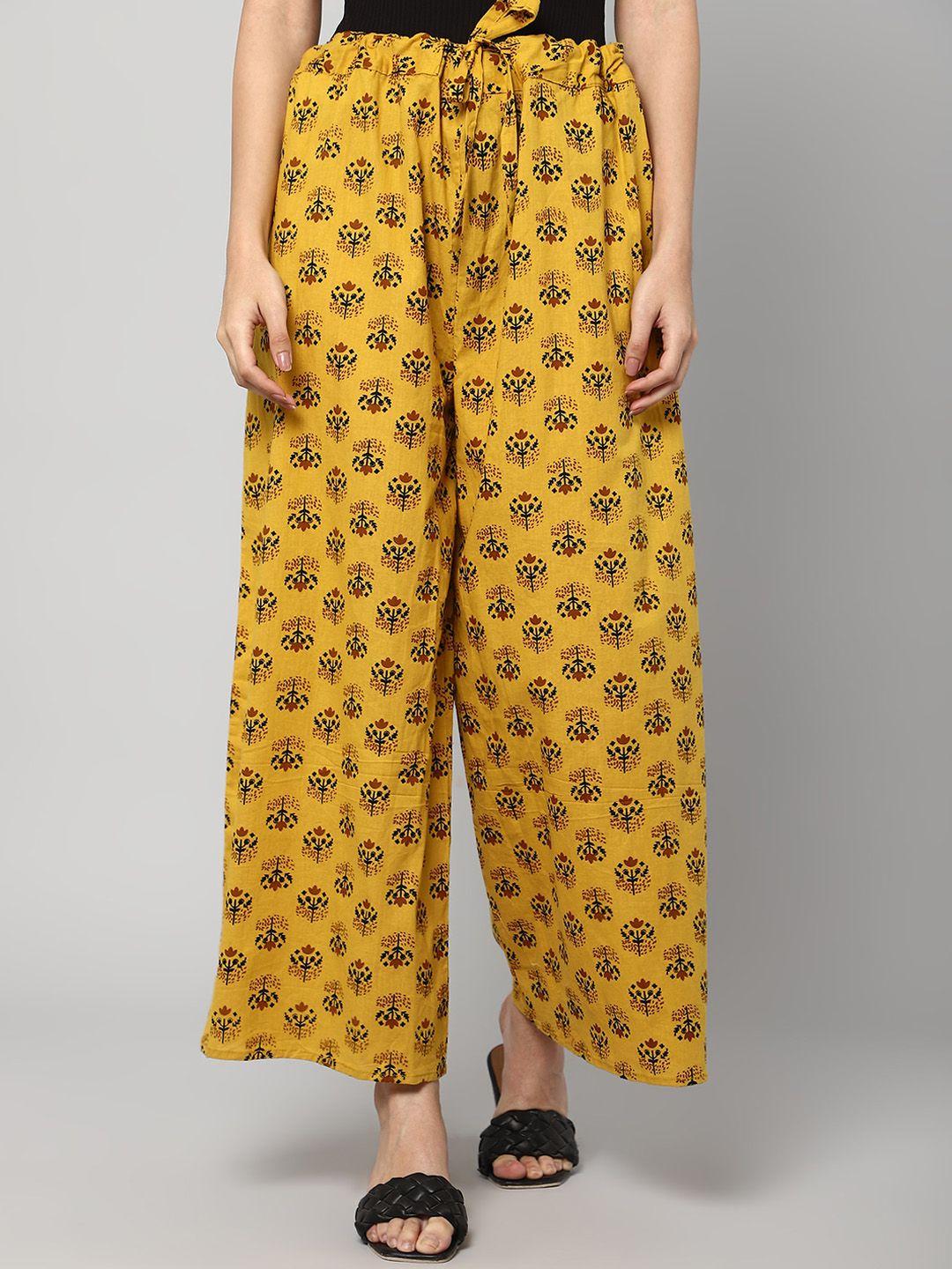 aditi wasan women yellow ethnic motifs printed relaxed straight leg loose fit high-rise trousers