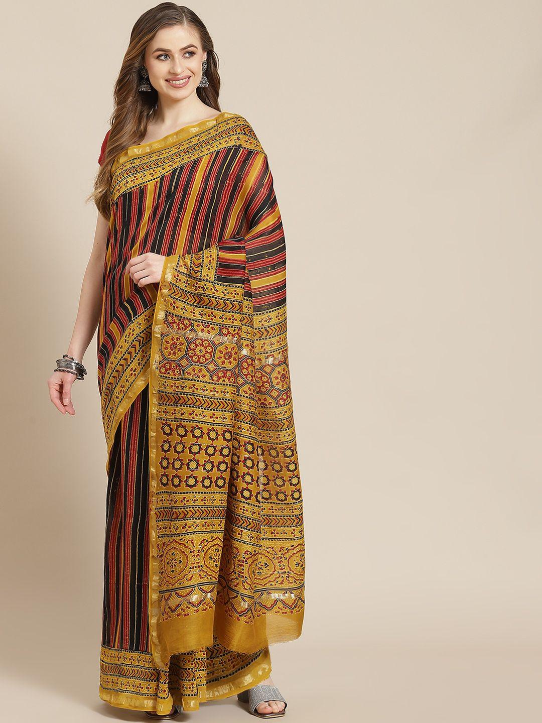 aditri mustard yellow & red ajrakh print zari chanderi silk block print saree