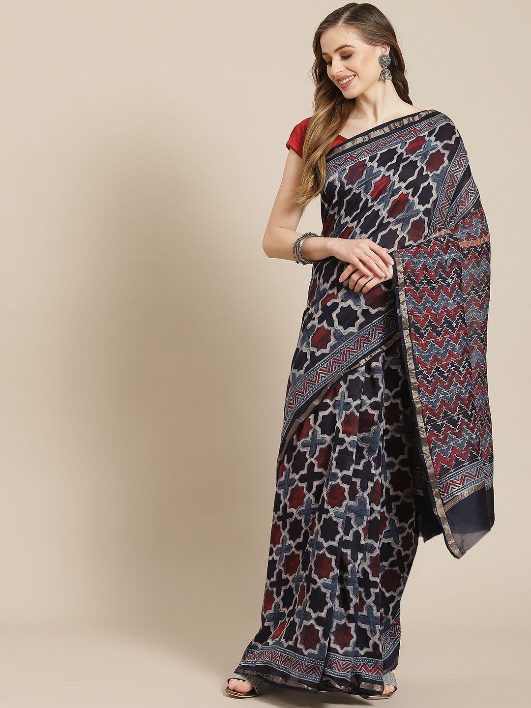 aditri red & navy blue ajrakh print zari chanderi silk block print saree