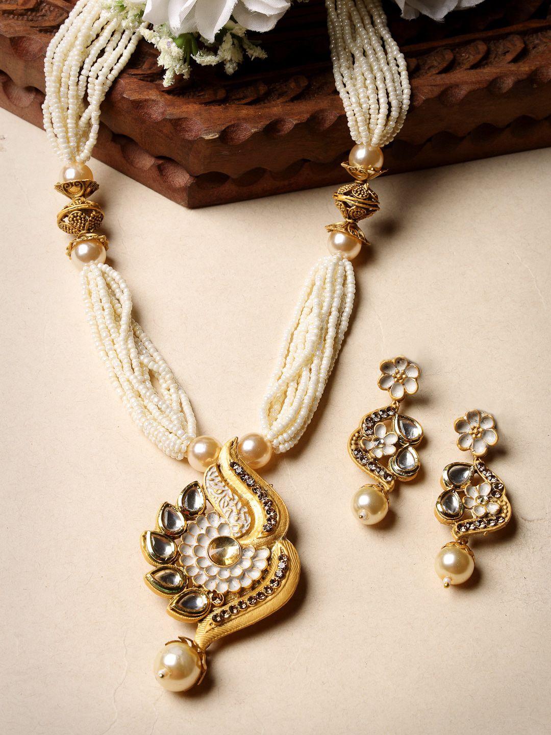 adiva gold plated kundan stone studded & beaded jewellery set