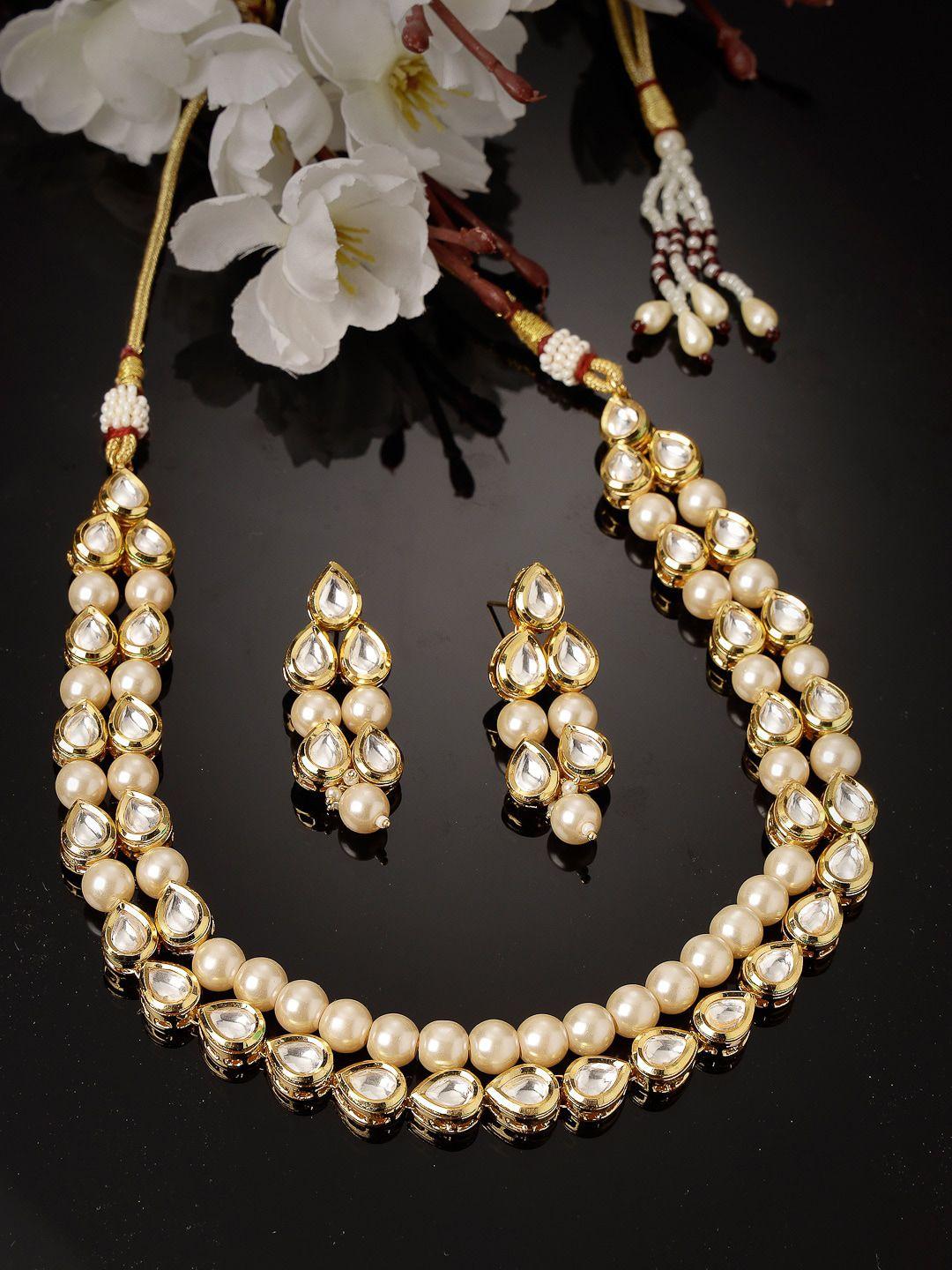 adiva gold plated kundan stone studded & pearl beaded layered jewellery set