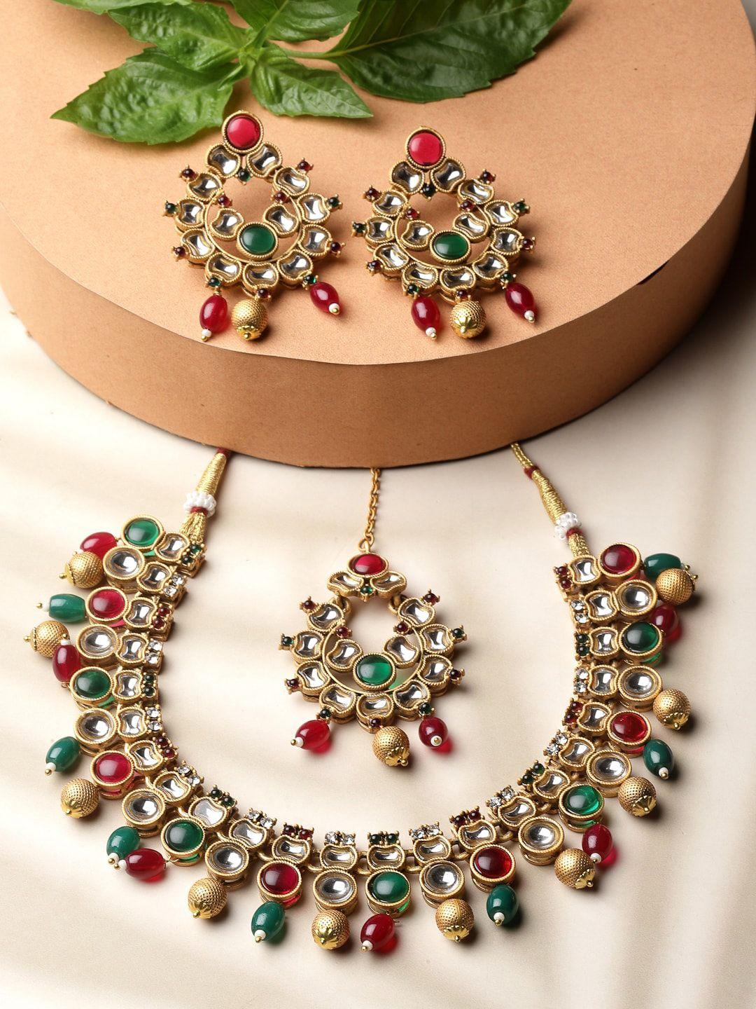 adiva gold plated kundan stone studded & pearls beaded jewellery set