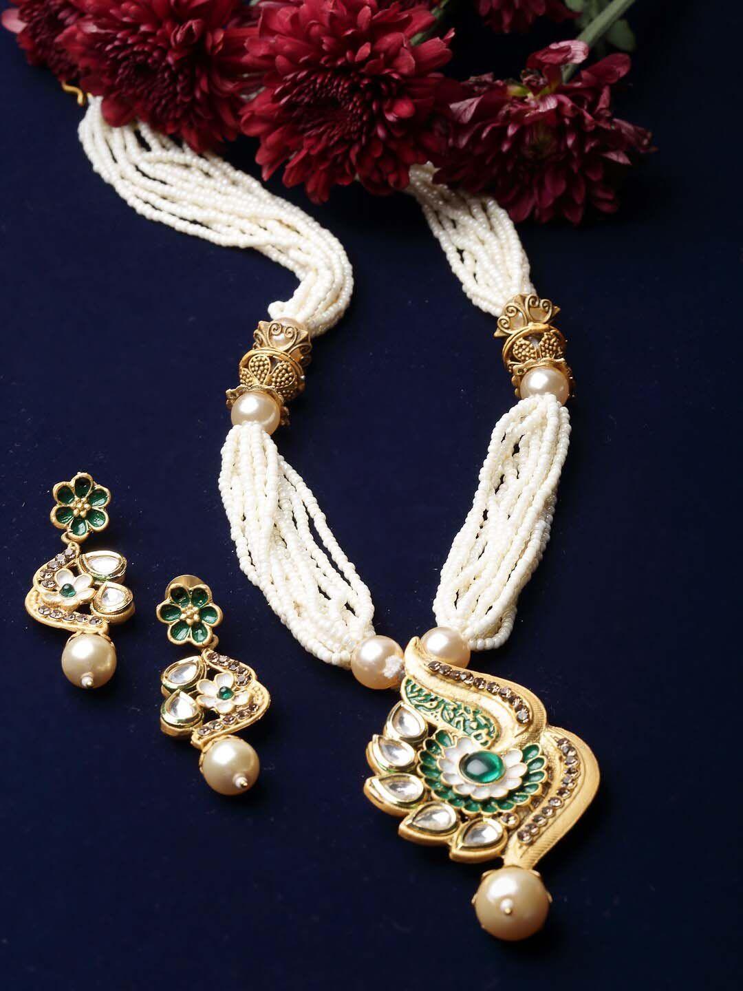 adiva gold plated kundan studded & beaded jewellery set