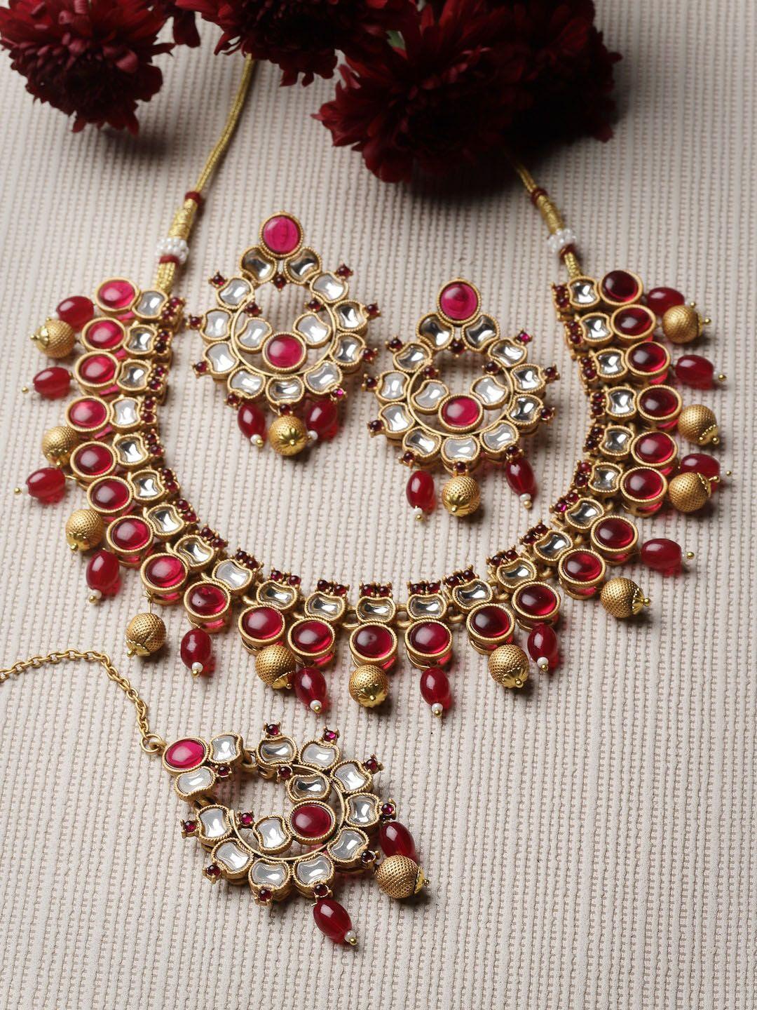 adiva gold plated kundan studded & beaded jewellery set