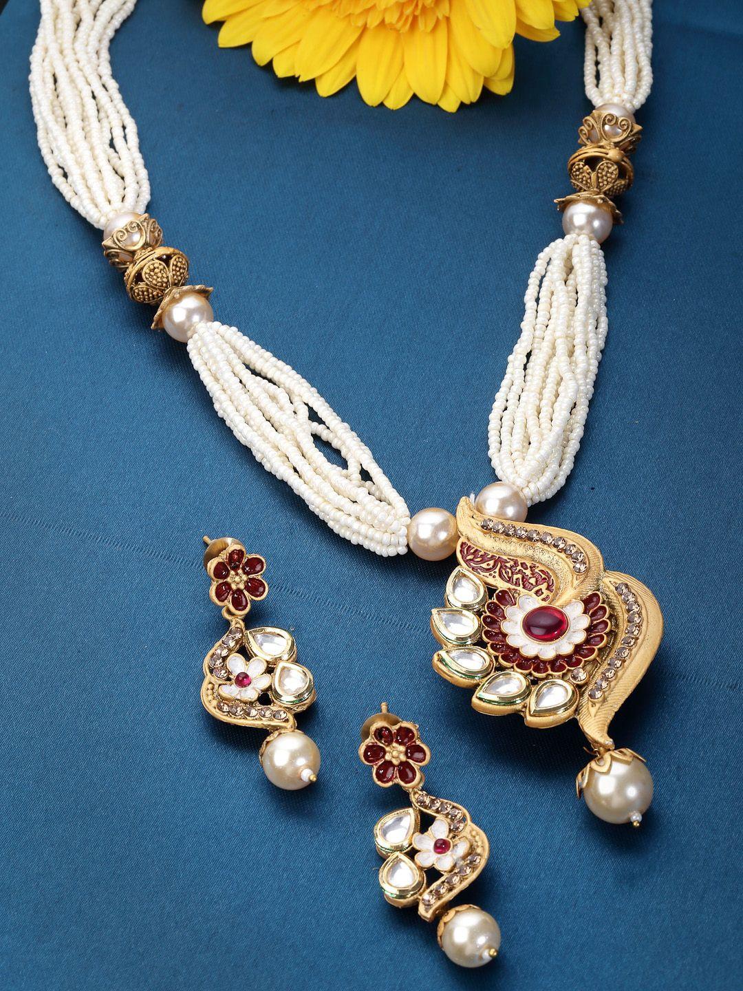 adiva gold plated kundan studded & pearl beaded jewellery set